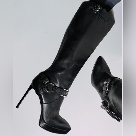 NWOT MICHAEL KORS BLACK PLATFORM STILETTO LEATHER BOOTS - Picture 4 of 17